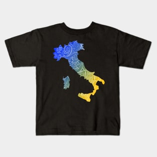 Colorful mandala art map of Italy with text in blue and yellow Kids T-Shirt